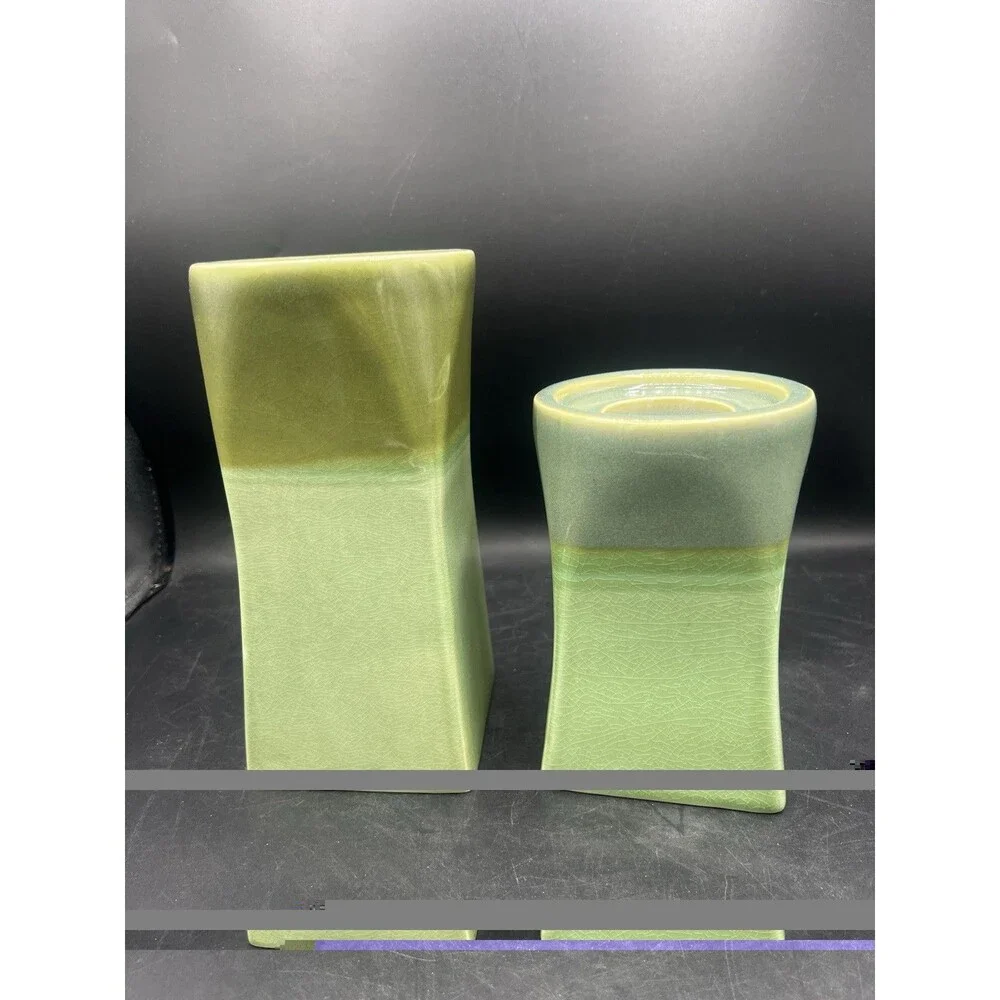 PartyLite Nature’s Garden Green Crackle Glaze Ceramic Candle Holders Set of 2